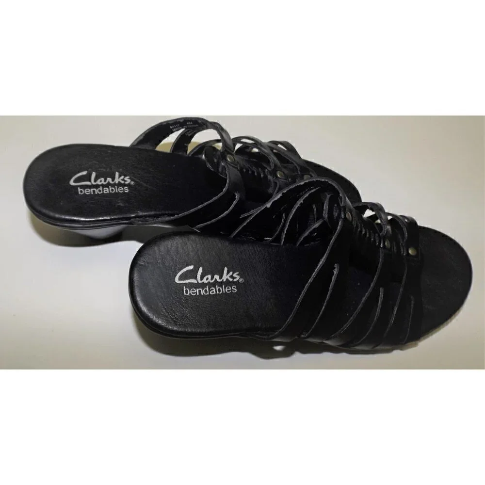 Clarks Bendables 6m black leather strappy slip-on sandals medium heel